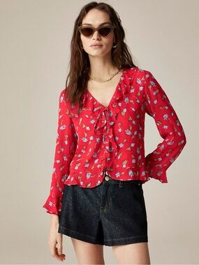 NWT J Crew Ruffle tie-front top in chiffon red multi
